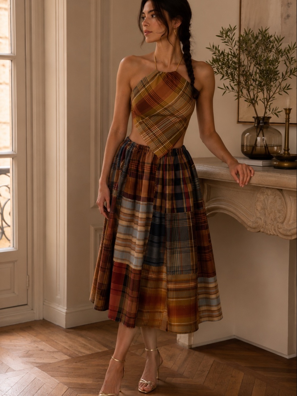 Upcycled Kravet Fabric Sample Plaid Halter Midi Skirt Set in Warm Tones - Picture 2 of 4